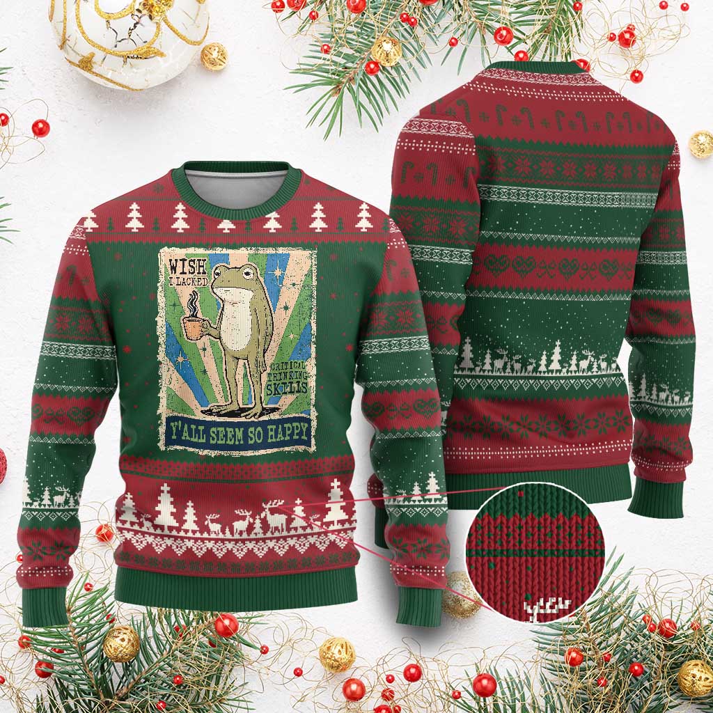 Vintage Frog Drinking Coffee Sarcastic Meme Ugly Christmas Sweater Wish I Lacked Critical Thinking Skills You All Seem So Happy
