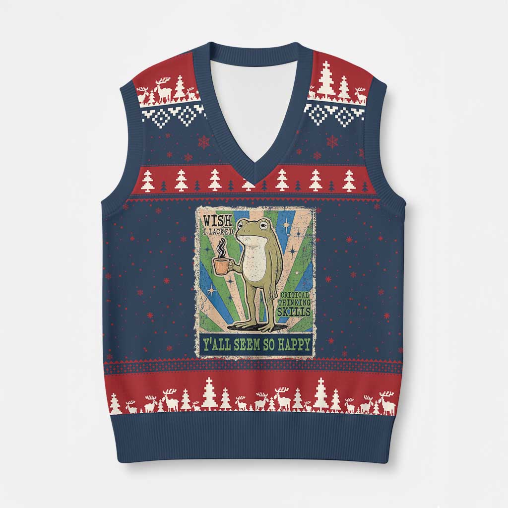 Vintage Frog Drinking Coffee Sarcastic Meme V-Neck Knit Sweater Vest Wish I Lacked Critical Thinking Skills You All Seem So Happy TS02 Navy Red Print Your Wear