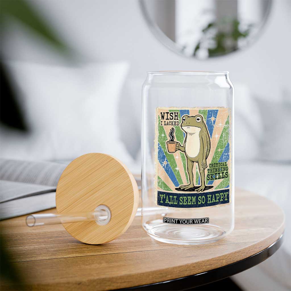 Vintage Frog Drinking Coffee Sarcastic Meme Glass Can Wish I Lacked Critical Thinking Skills You All Seem So Happy