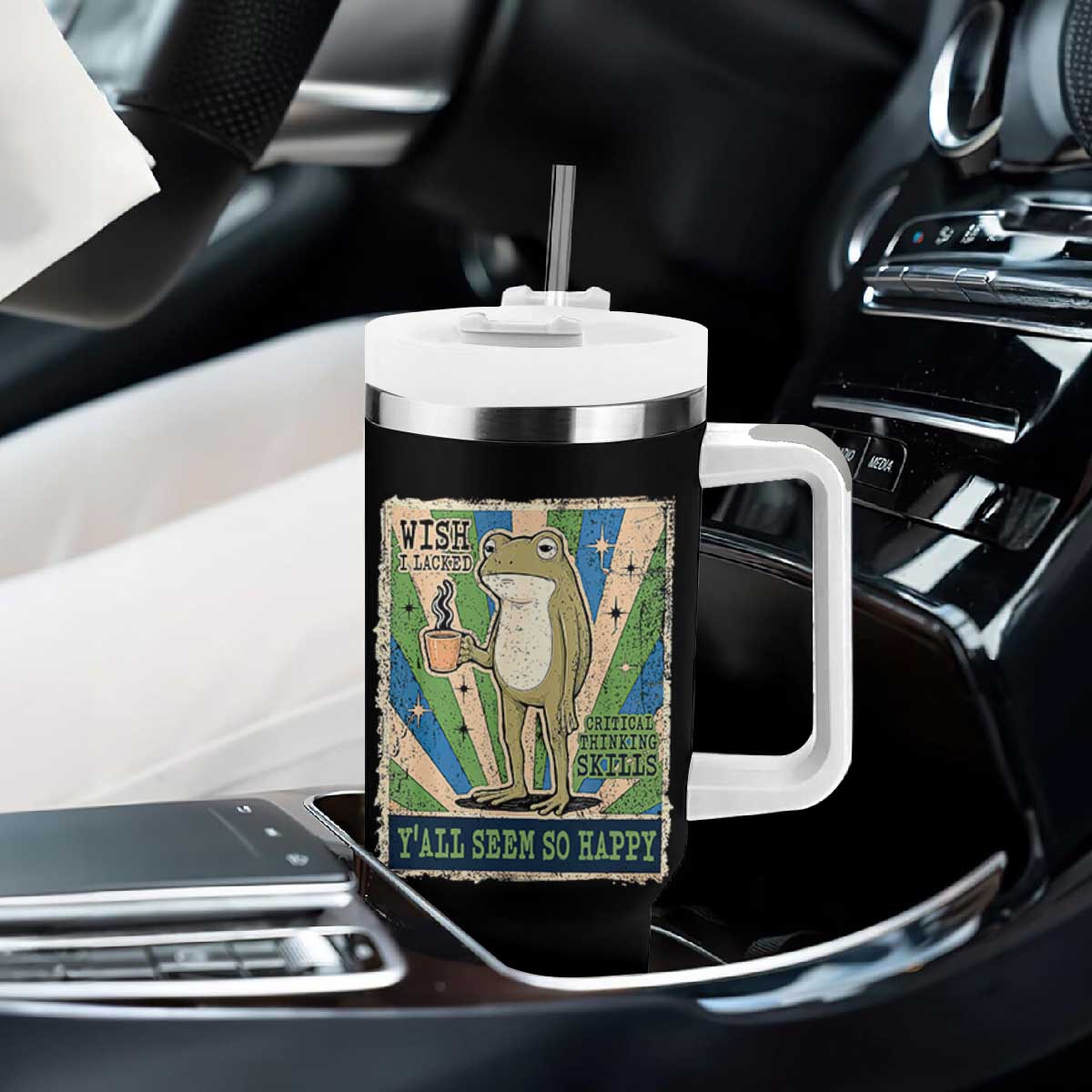 Vintage Frog Drinking Coffee Sarcastic Meme Tumbler With Handle Wish I Lacked Critical Thinking Skills You All Seem So Happy