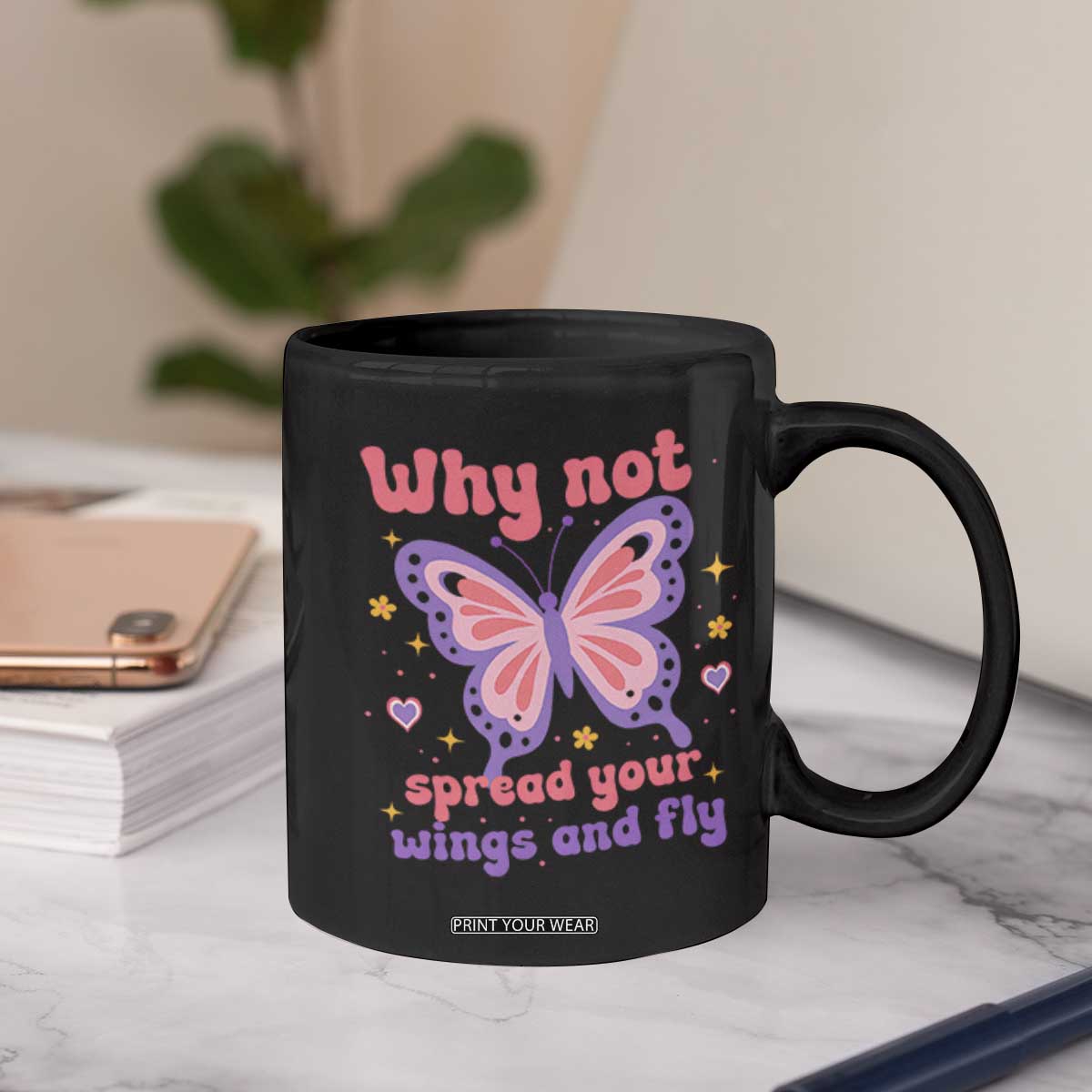 Retro Y2K Groovy Pink Butterfly Inspirational Coffee Mug Why Not Spread Your Wings And Fly Female Empowerment