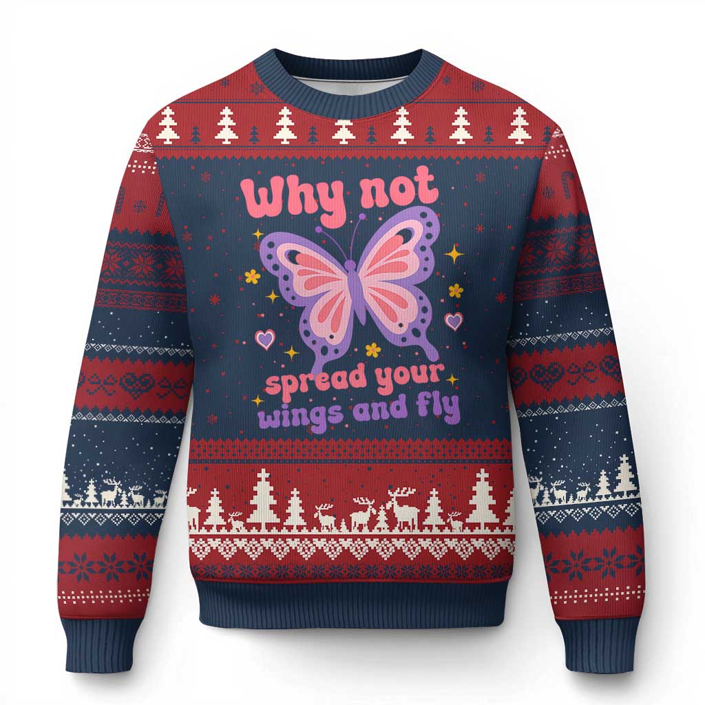 Retro Y2K Groovy Pink Butterfly Inspirational Ugly Christmas Sweater Why Not Spread Your Wings And Fly Female Empowerment TS02 Navy Red Print Your Wear