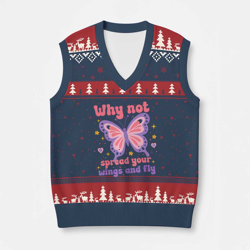 Retro Y2K Groovy Pink Butterfly Inspirational V-Neck Knit Sweater Vest Why Not Spread Your Wings And Fly Female Empowerment TS02 Navy Red Print Your Wear