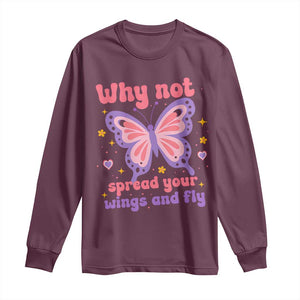 Retro Y2K Groovy Pink Butterfly Inspirational Long Sleeve Shirt Why Not Spread Your Wings And Fly Female Empowerment