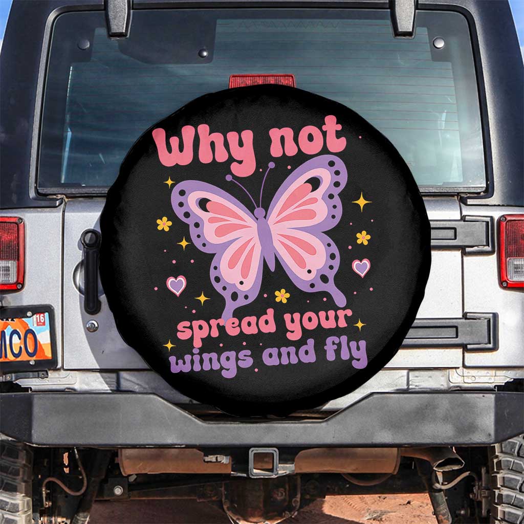 Retro Y2K Groovy Pink Butterfly Inspirational Spare Tire Cover Why Not Spread Your Wings And Fly Female Empowerment TS02 No hole Black Print Your Wear