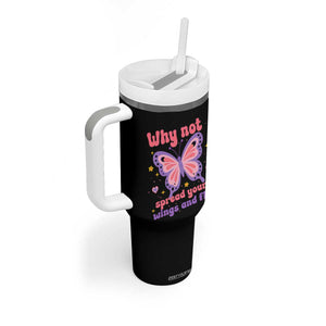 Retro Y2K Groovy Pink Butterfly Inspirational Tumbler With Handle Why Not Spread Your Wings And Fly Female Empowerment