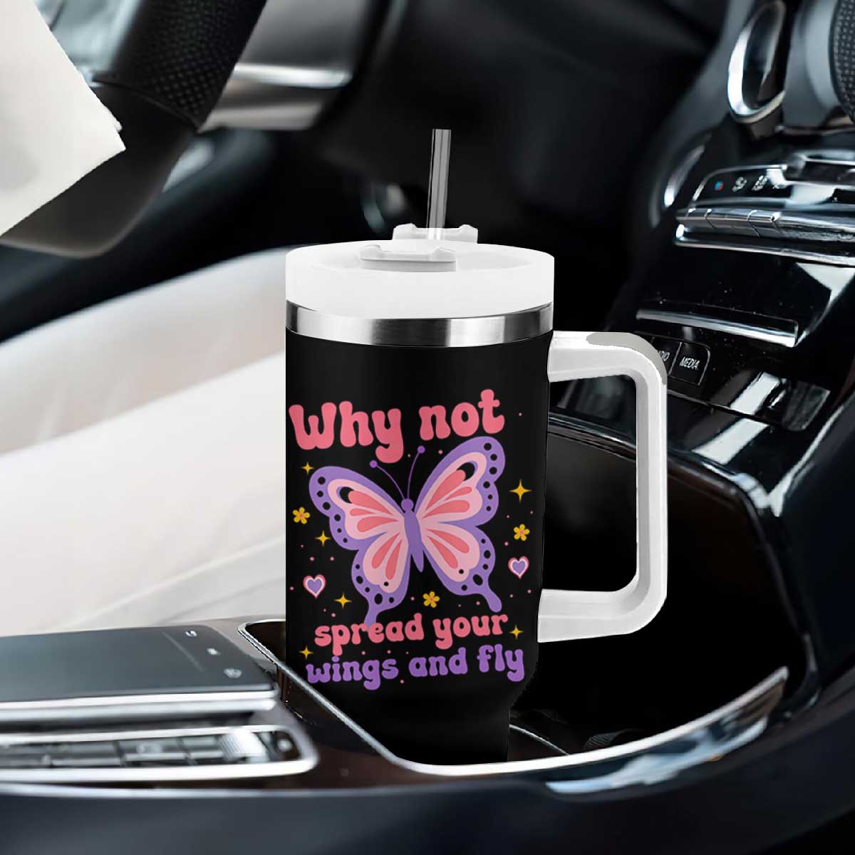 Retro Y2K Groovy Pink Butterfly Inspirational Tumbler With Handle Why Not Spread Your Wings And Fly Female Empowerment