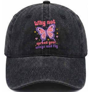 Retro Y2K Groovy Pink Butterfly Inspirational Washed Cotton Baseball Cap Why Not Spread Your Wings And Fly Female Empowerment