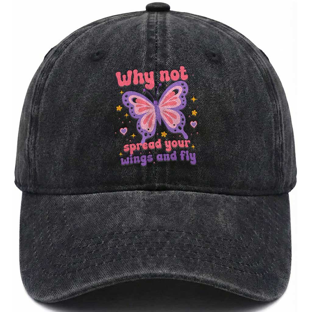 Retro Y2K Groovy Pink Butterfly Inspirational Washed Cotton Baseball Cap Why Not Spread Your Wings And Fly Female Empowerment TS02 Print Your Wear