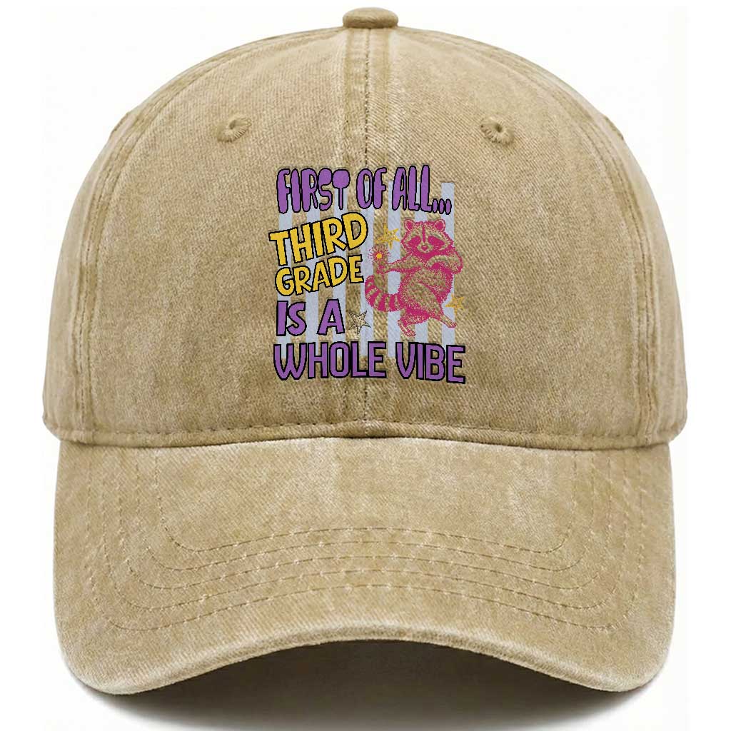 Cute Raccoon 3rd Grade Student Teacher Preppy Style Washed Cotton Baseball Cap First of All Third Grade Is A Whole Vibe Back To School TS02 Print Your Wear