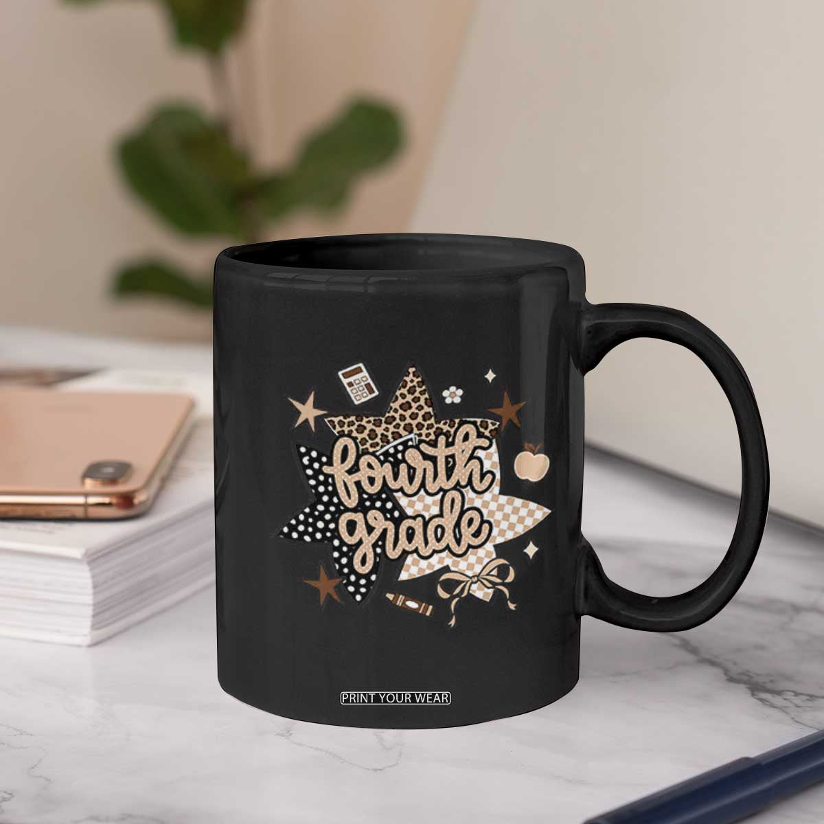 Fourth Grade Leopard Checkered Star Coquette Coffee Mug Cute 4th Grade Girl Back to School Gift