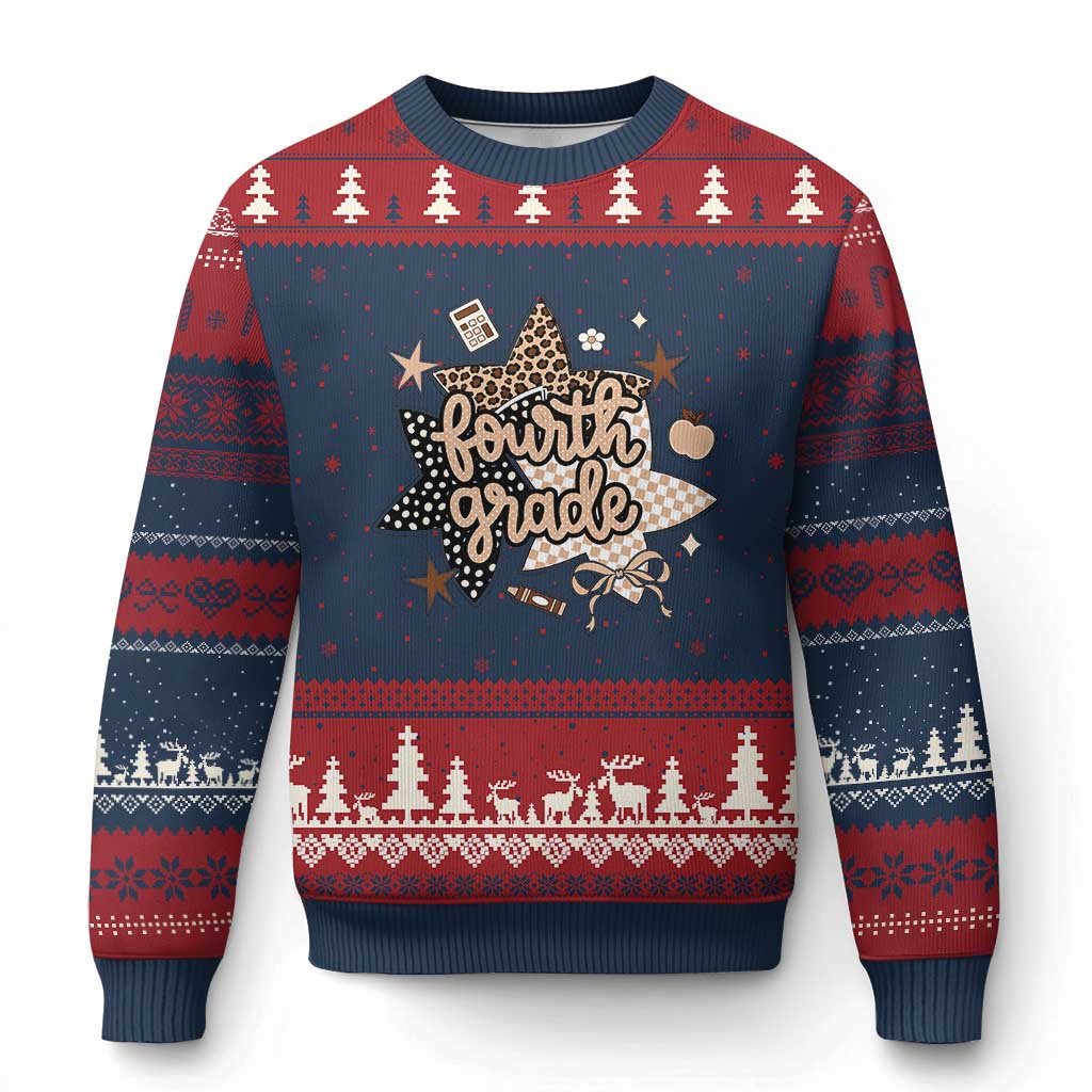 Fourth Grade Leopard Checkered Star Coquette Ugly Christmas Sweater Cute 4th Grade Girl Back to School Gift TS02 Navy Red Print Your Wear