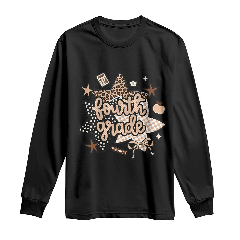 Fourth Grade Leopard Checkered Star Coquette Long Sleeve Shirt Cute 4th Grade Girl Back to School Gift TS02 Black Print Your Wear