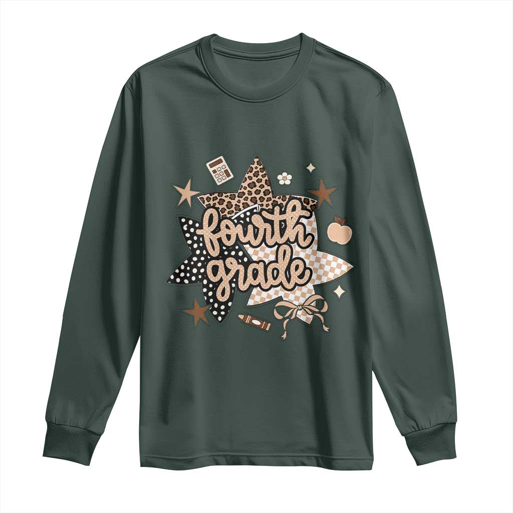 Fourth Grade Leopard Checkered Star Coquette Long Sleeve Shirt Cute 4th Grade Girl Back to School Gift