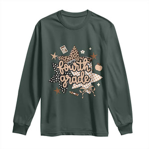 Fourth Grade Leopard Checkered Star Coquette Long Sleeve Shirt Cute 4th Grade Girl Back to School Gift