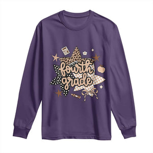 Fourth Grade Leopard Checkered Star Coquette Long Sleeve Shirt Cute 4th Grade Girl Back to School Gift