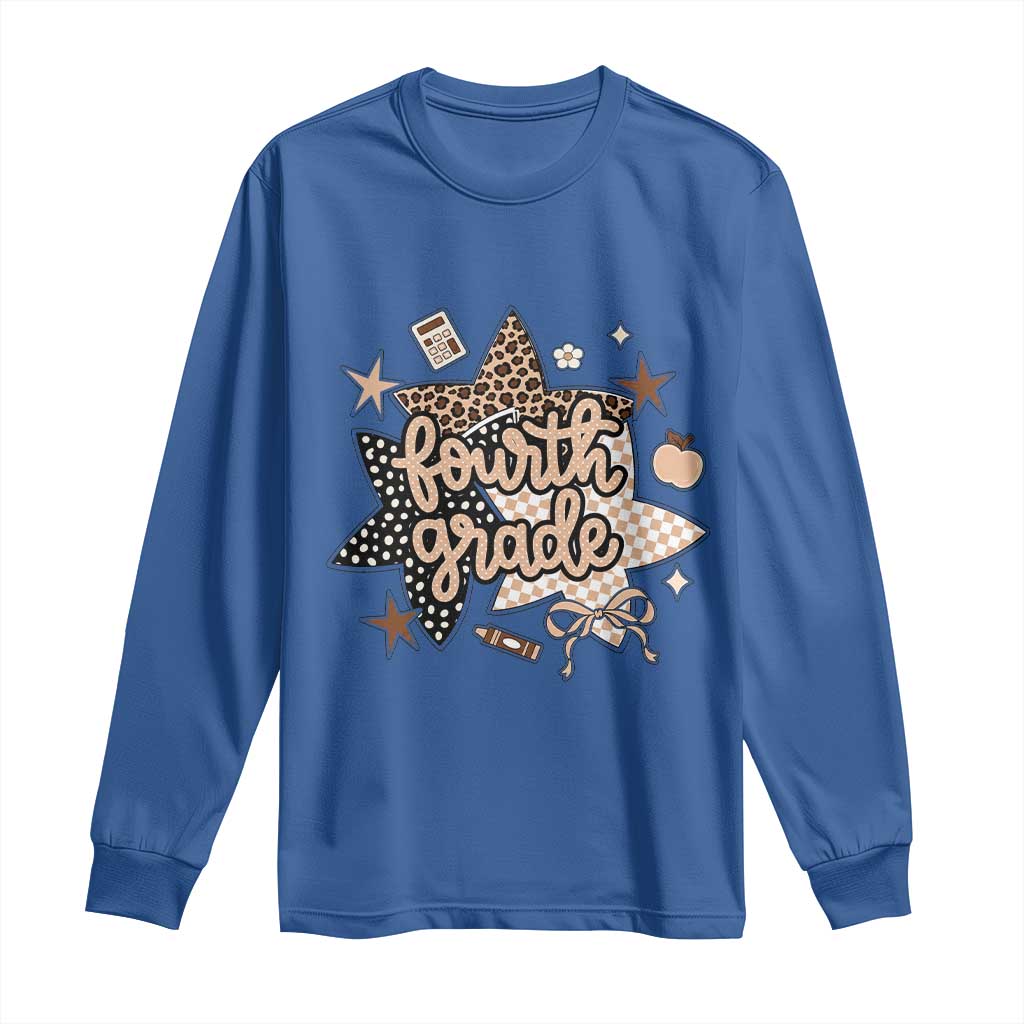 Fourth Grade Leopard Checkered Star Coquette Long Sleeve Shirt Cute 4th Grade Girl Back to School Gift