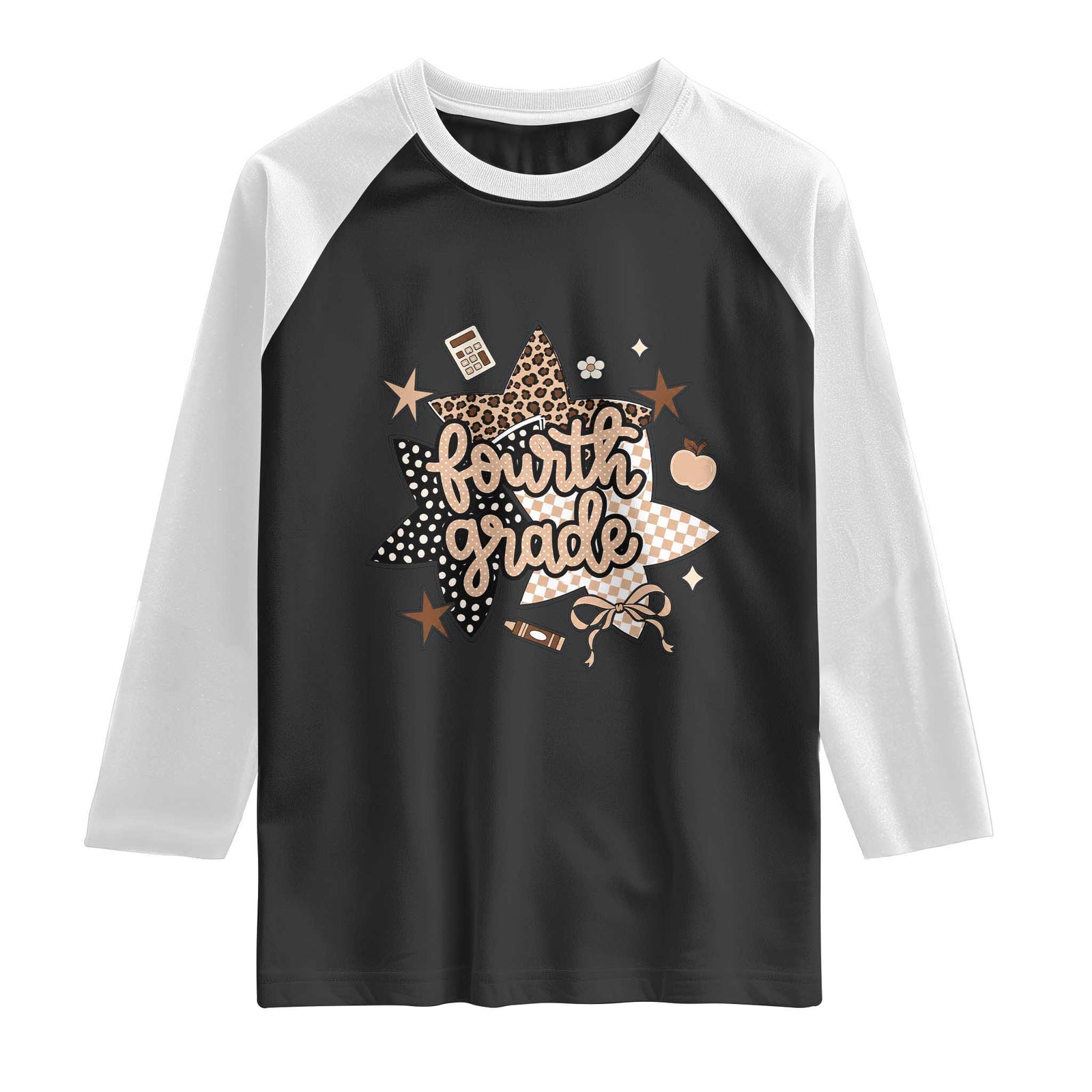 Fourth Grade Leopard Checkered Star Coquette Raglan Shirt Cute 4th Grade Girl Back to School Gift TS02 Black White Print Your Wear