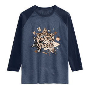 Fourth Grade Leopard Checkered Star Coquette Raglan Shirt Cute 4th Grade Girl Back to School Gift