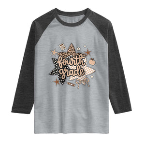Fourth Grade Leopard Checkered Star Coquette Raglan Shirt Cute 4th Grade Girl Back to School Gift