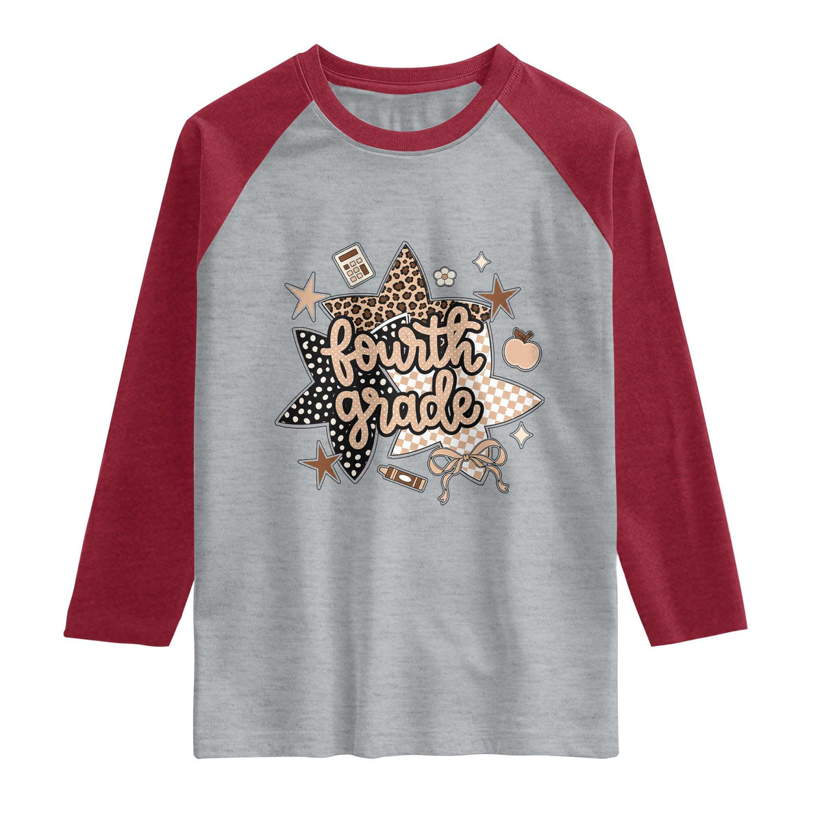 Fourth Grade Leopard Checkered Star Coquette Raglan Shirt Cute 4th Grade Girl Back to School Gift