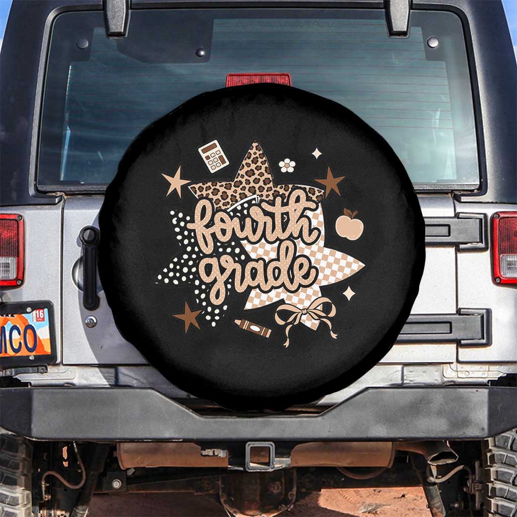 Fourth Grade Leopard Checkered Star Coquette Spare Tire Cover Cute 4th Grade Girl Back to School Gift TS02 No hole Black Print Your Wear