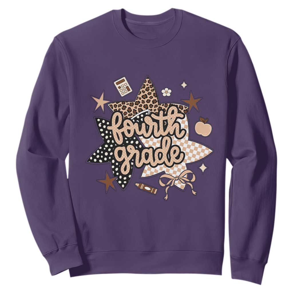 Fourth Grade Leopard Checkered Star Coquette Sweatshirt Cute 4th Grade Girl Back to School Gift