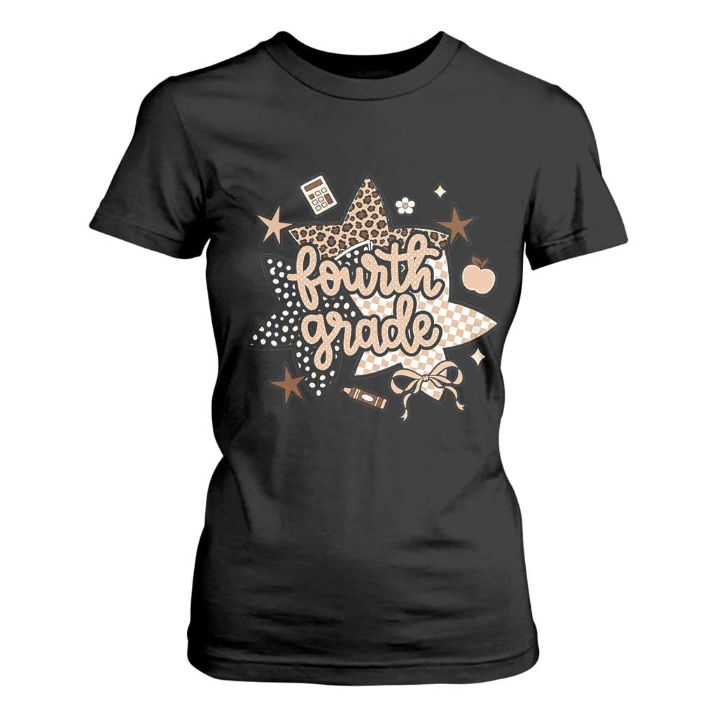 Fourth Grade Leopard Checkered Star Coquette T Shirt For Women Cute 4th Grade Girl Back to School Gift TS02 Black Print Your Wear