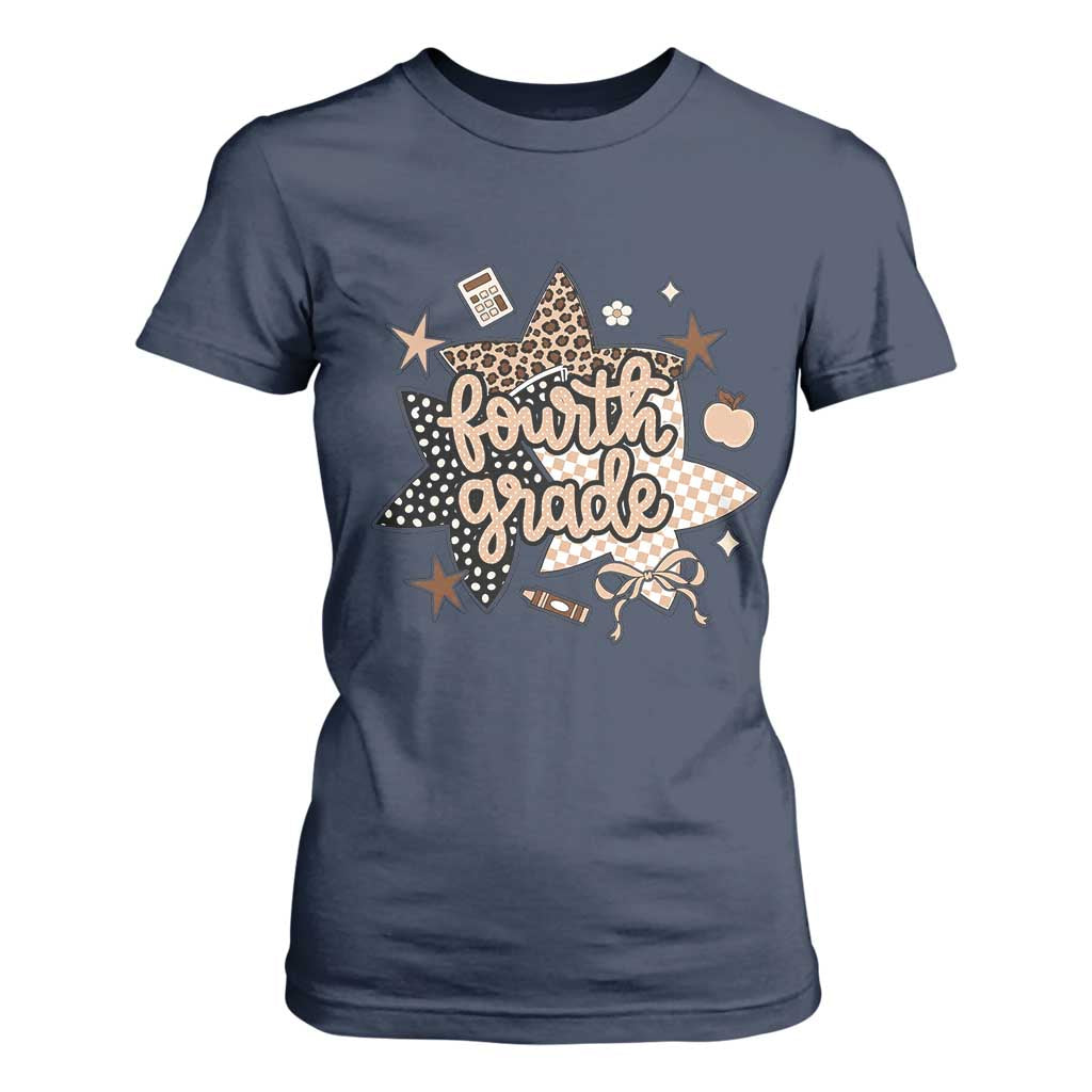 Fourth Grade Leopard Checkered Star Coquette T Shirt For Women Cute 4th Grade Girl Back to School Gift