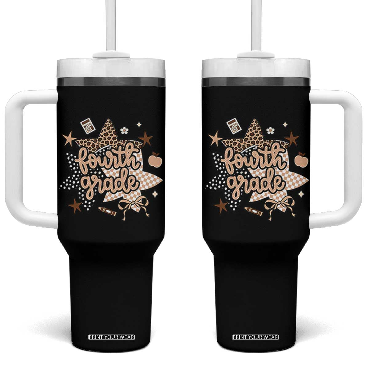 Fourth Grade Leopard Checkered Star Coquette Tumbler With Handle Cute 4th Grade Girl Back to School Gift TS02 One Size: 40 oz Black Print Your Wear