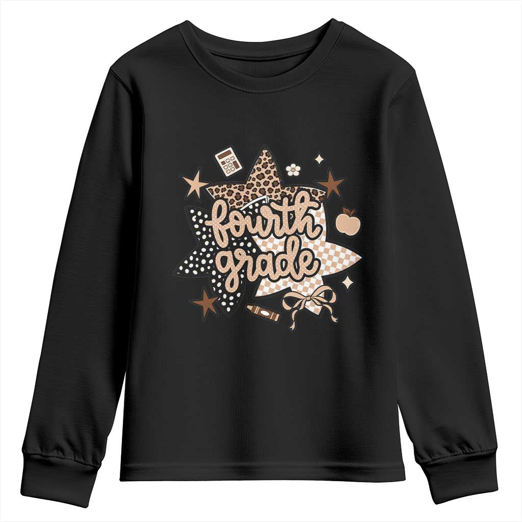 Fourth Grade Leopard Checkered Star Coquette Youth Sweatshirt Cute 4th Grade Girl Back to School Gift TS02 Black Print Your Wear