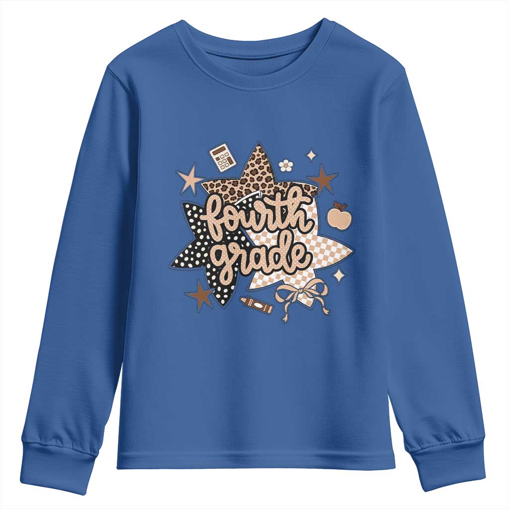 Fourth Grade Leopard Checkered Star Coquette Youth Sweatshirt Cute 4th Grade Girl Back to School Gift