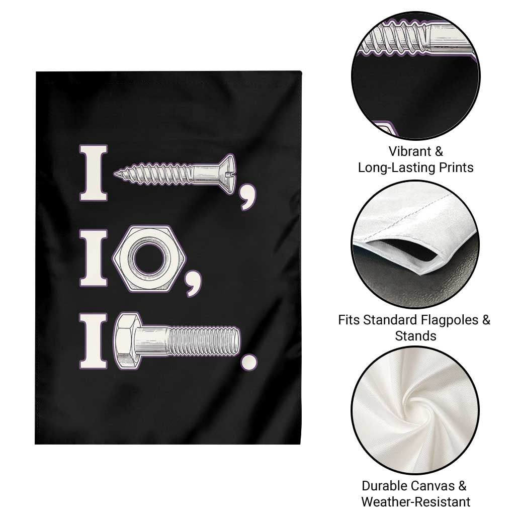 Funny Handyman Mechanic Adult Humor Garden Flag I Screw I Nut I Bolt Rebus Hardware Innuendo Offensive Joke