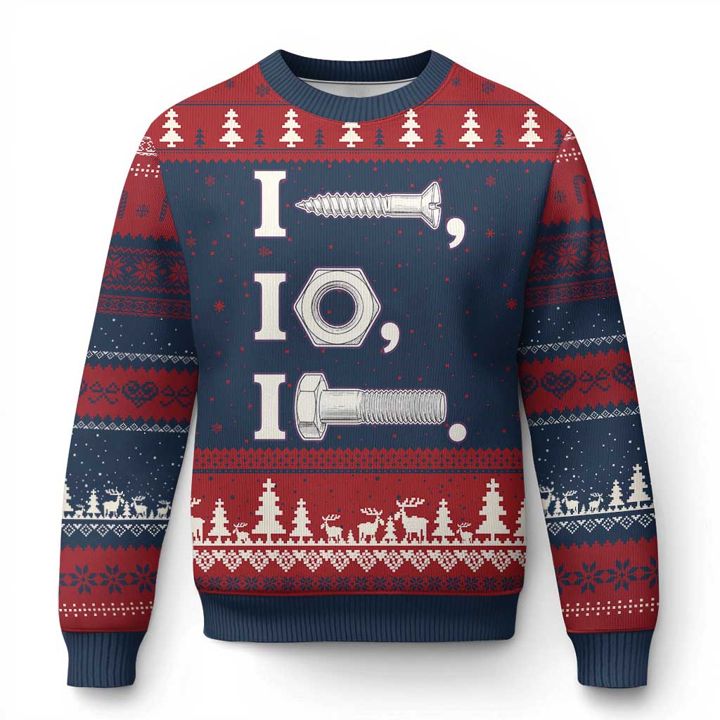 Funny Handyman Mechanic Adult Humor Ugly Christmas Sweater I Screw I Nut I Bolt Rebus Hardware Innuendo Offensive Joke TS02 Navy Red Print Your Wear