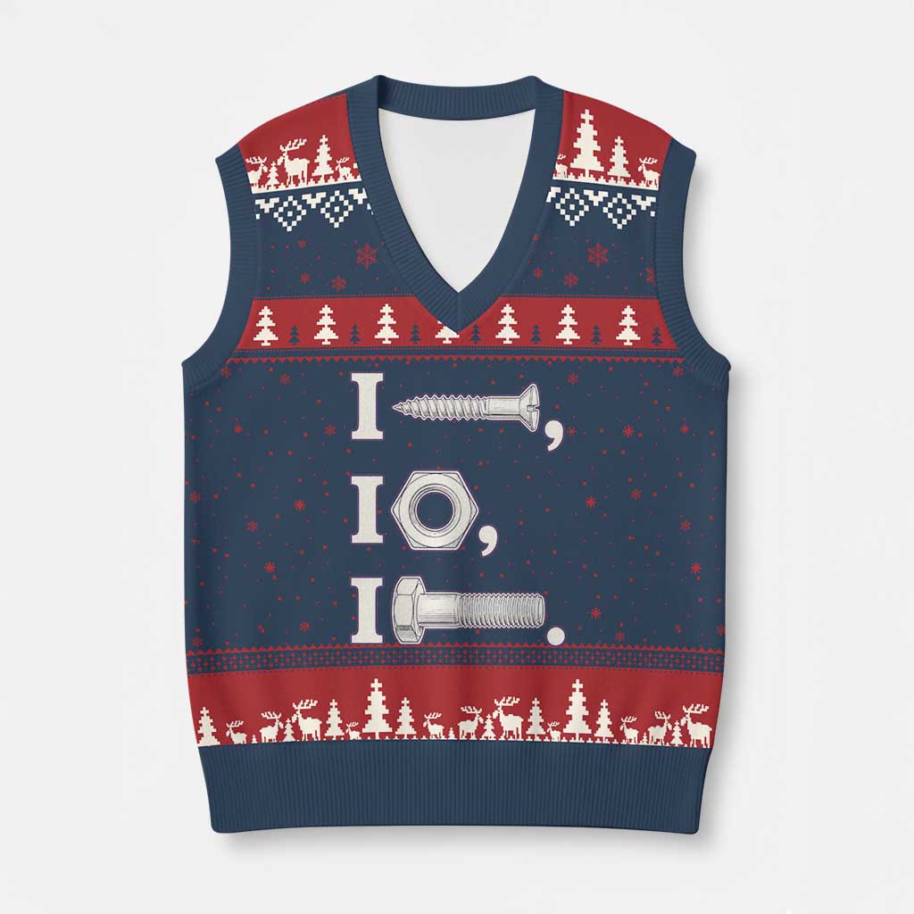 Funny Handyman Mechanic Adult Humor V-Neck Knit Sweater Vest I Screw I Nut I Bolt Rebus Hardware Innuendo Offensive Joke TS02 Navy Red Print Your Wear