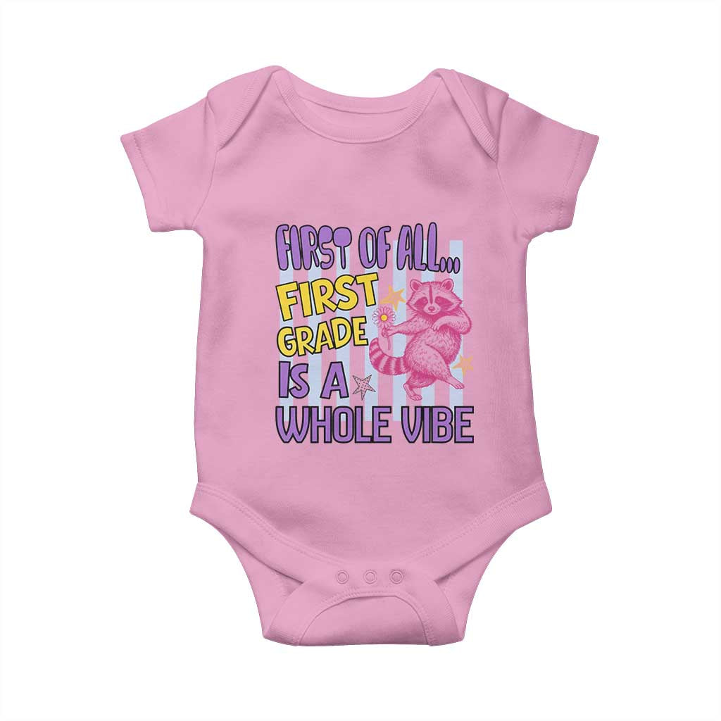 Cute Raccoon 1st Grade Student Teacher Preppy Style Baby Onesie First of All First Grade Is A Whole Vibe Back To School