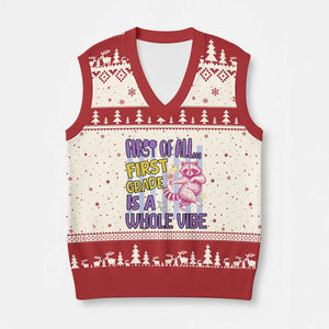 Cute Raccoon 1st Grade Student Teacher Preppy Style V-Neck Knit Sweater Vest First of All First Grade Is A Whole Vibe Back To School