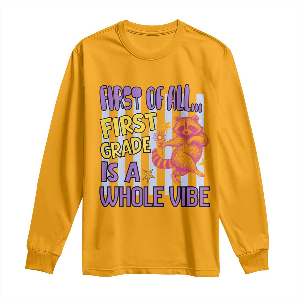 Cute Raccoon 1st Grade Student Teacher Preppy Style Long Sleeve Shirt First of All First Grade Is A Whole Vibe Back To School