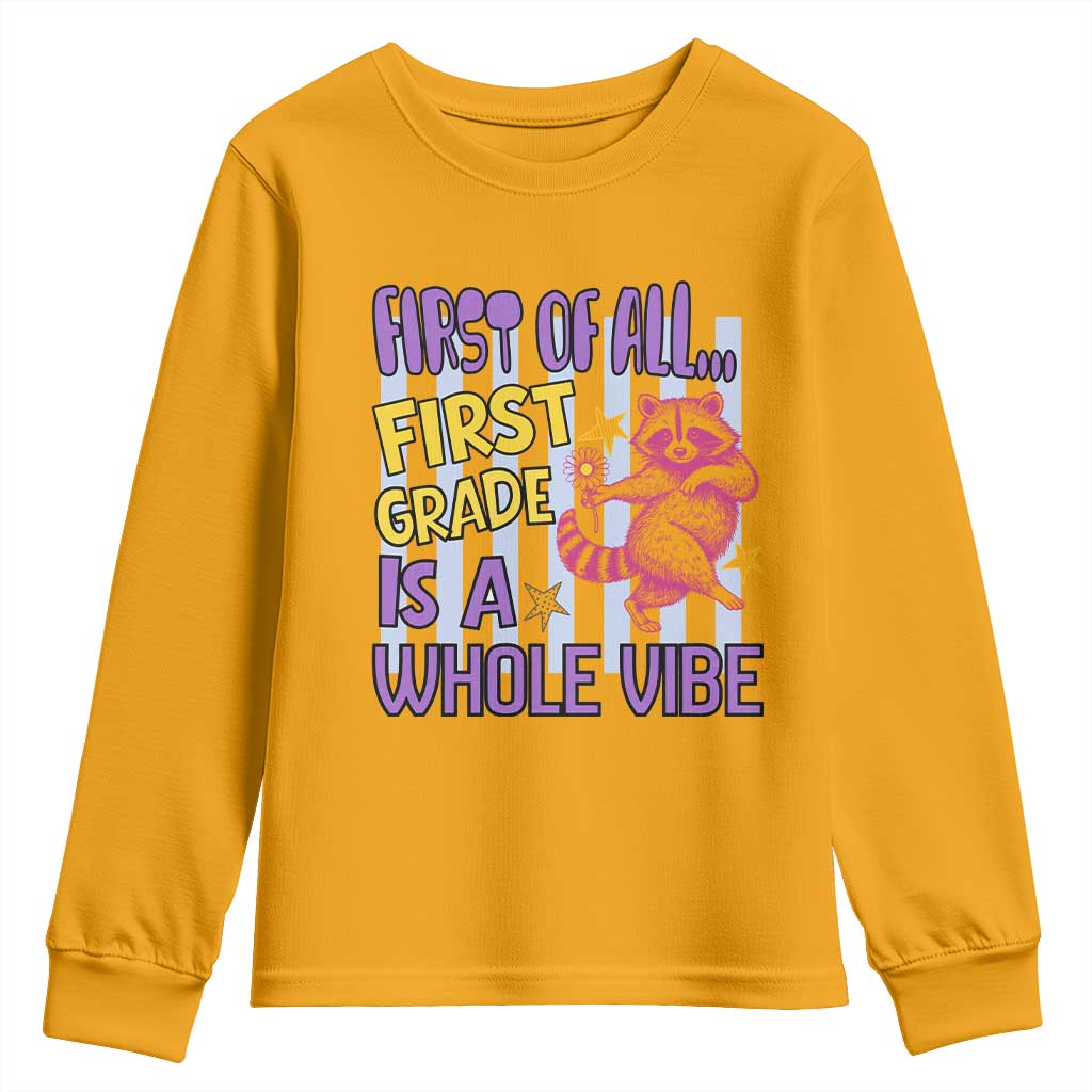 Cute Raccoon 1st Grade Student Teacher Preppy Style Youth Sweatshirt First of All First Grade Is A Whole Vibe Back To School