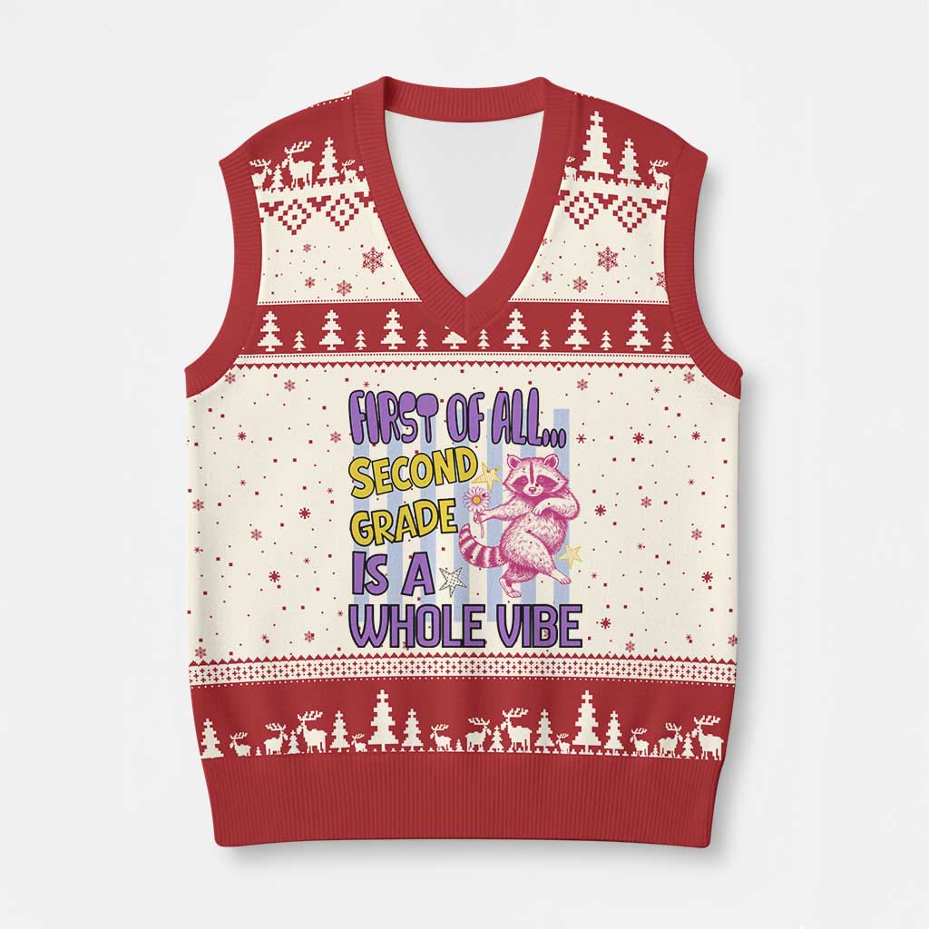 Cute Raccoon 2nd Grade Student Teacher Preppy Style V-Neck Knit Sweater Vest First of All Second Grade Is A Whole Vibe Back To School TS02 Beige Red Print Your Wear