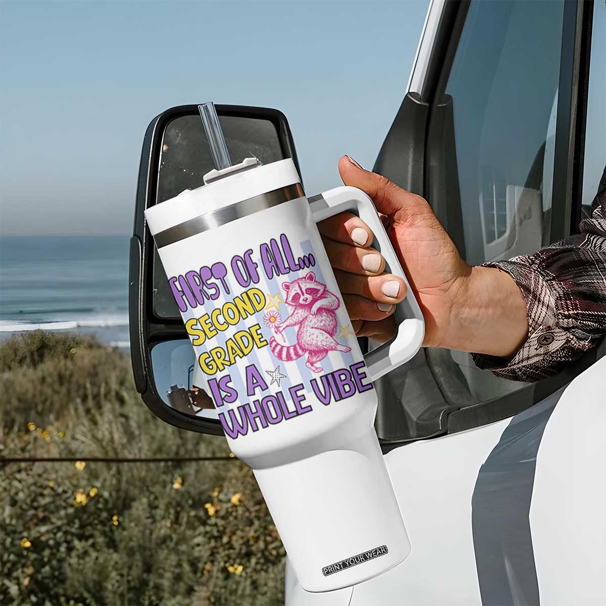 Cute Raccoon 2nd Grade Student Teacher Preppy Style Tumbler With Handle First of All Second Grade Is A Whole Vibe Back To School