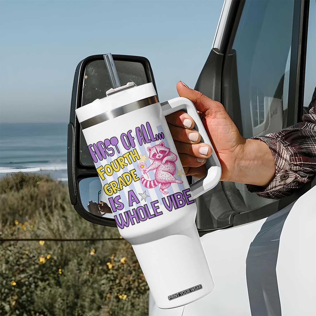 Cute Raccoon 4th Grade Student Teacher Preppy Style Tumbler With Handle First of All Fourth Grade Is A Whole Vibe Back To School