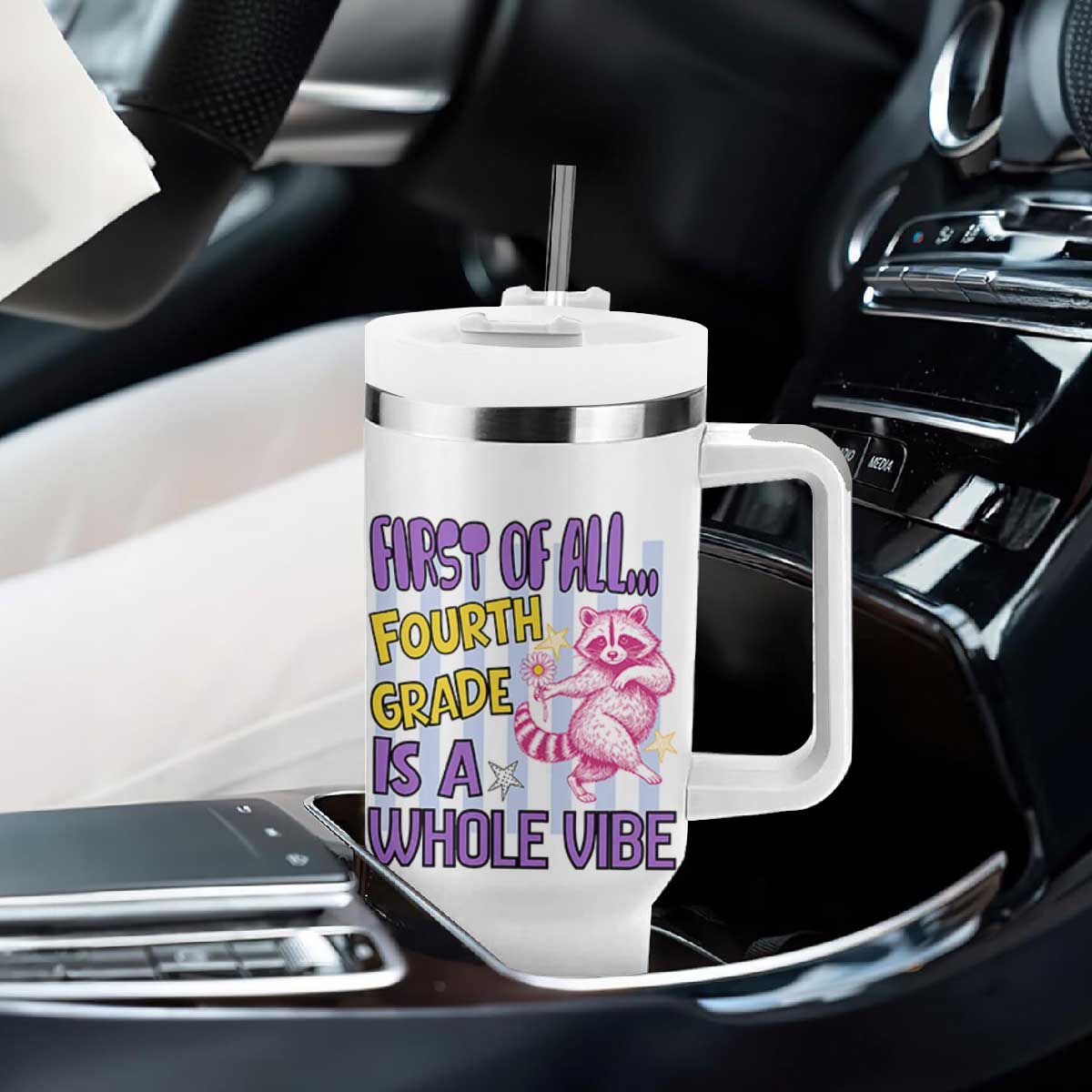 Cute Raccoon 4th Grade Student Teacher Preppy Style Tumbler With Handle First of All Fourth Grade Is A Whole Vibe Back To School