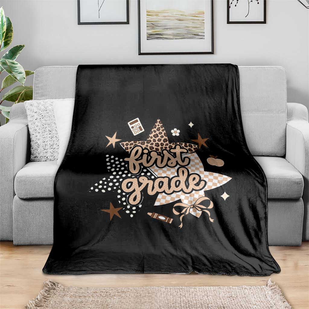 First Grade Leopard Checkered Star Coquette Throw Blanket Cute 1st Grade Girl Back to School Gift