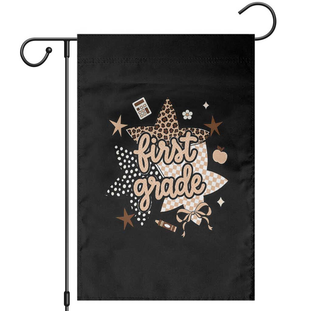 First Grade Leopard Checkered Star Coquette Garden Flag Cute 1st Grade Girl Back to School Gift TS02 Black Print Your Wear