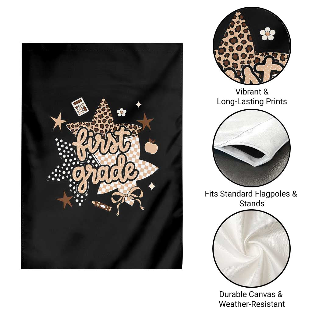 First Grade Leopard Checkered Star Coquette Garden Flag Cute 1st Grade Girl Back to School Gift