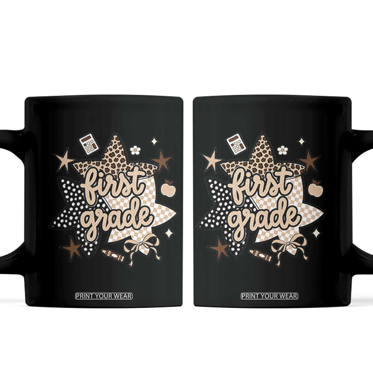 First Grade Leopard Checkered Star Coquette Coffee Mug Cute 1st Grade Girl Back to School Gift TS02 Black Print Your Wear