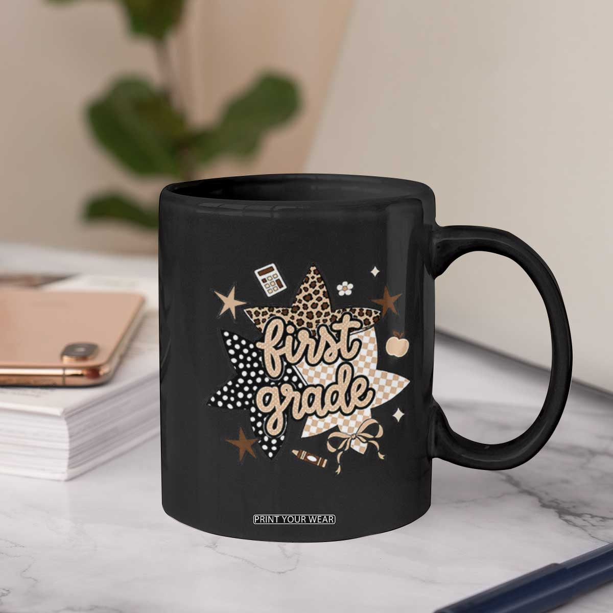 First Grade Leopard Checkered Star Coquette Coffee Mug Cute 1st Grade Girl Back to School Gift