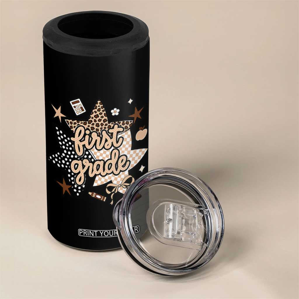 First Grade Leopard Checkered Star Coquette 4 in 1 Can Cooler Tumbler Cute 1st Grade Girl Back to School Gift