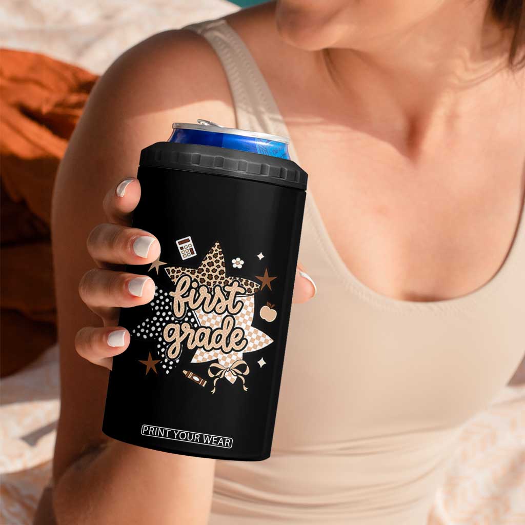 First Grade Leopard Checkered Star Coquette 4 in 1 Can Cooler Tumbler Cute 1st Grade Girl Back to School Gift